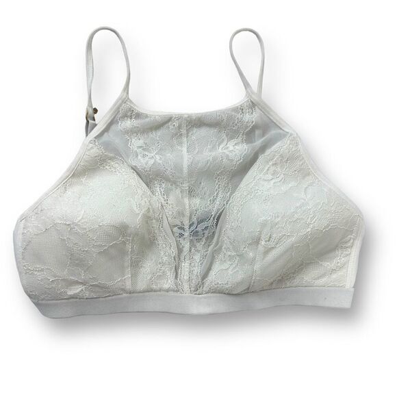 Body Frosting Women's L High Neck Padded Bra Bralette White Lace Semi Sheer - Picture 1 of 6